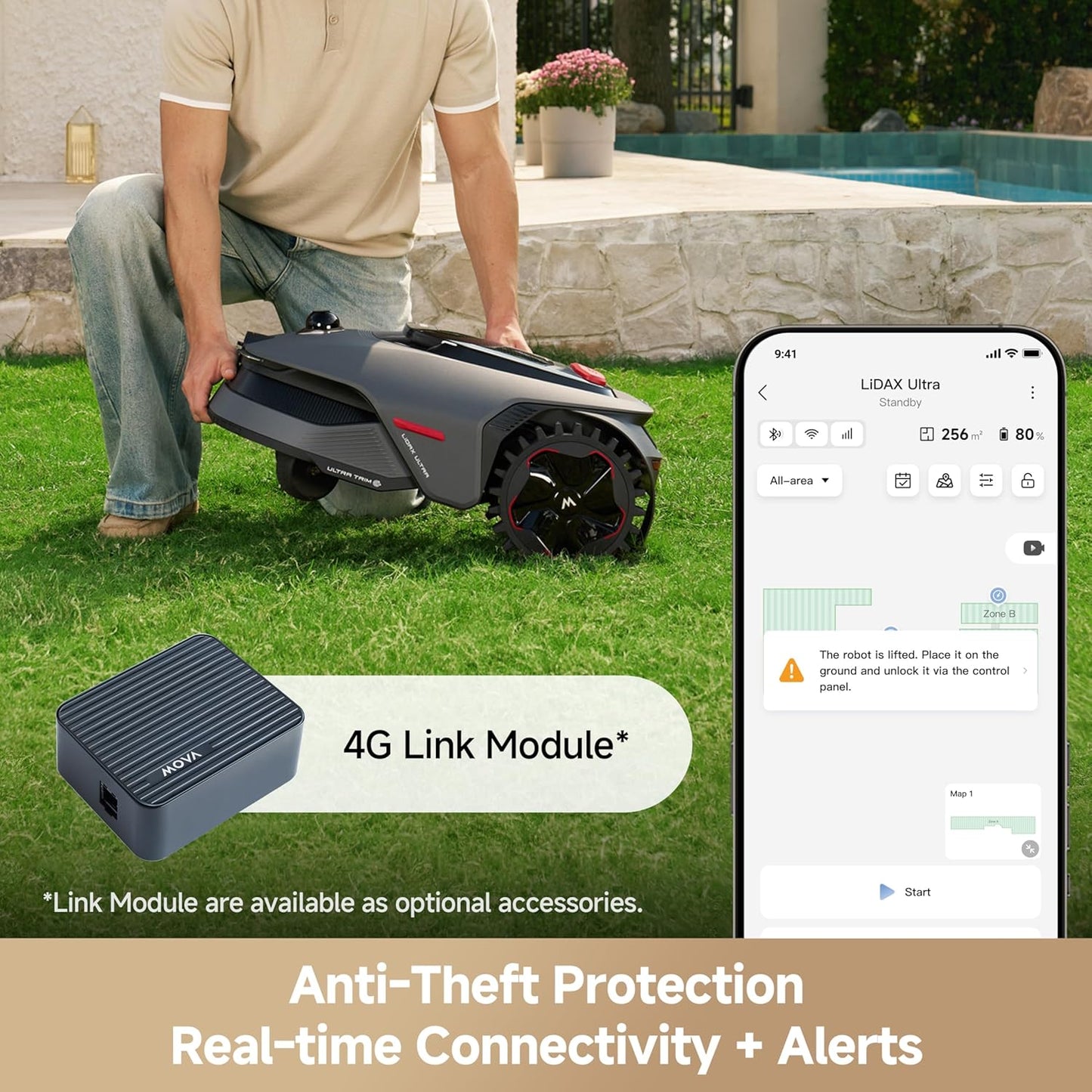 Lidax Ultra 1000 Robot Lawn Mower Wire Free for 1/4 Acre, Rtk-Free+360° 3D Lidar+Ai Vision Auto Mapping, Zero-Edge Cutting, Cutting Height 1.2"-3.9", 45% Slope, up to 150 Managed Zones Dual Maps