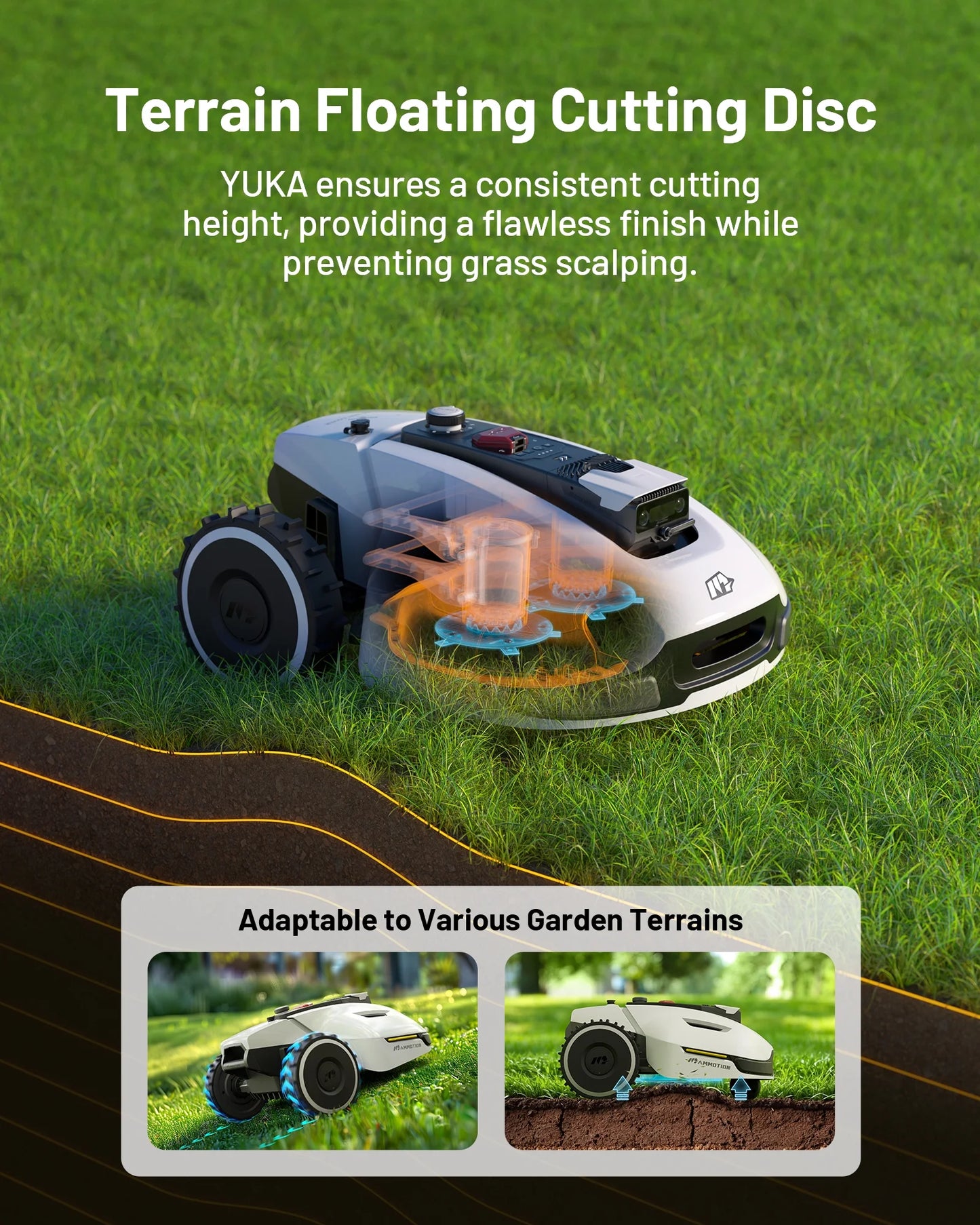 YUKA 3000 Robot Lawn Mower, Auto Mapping, AI Obstacle Avoidance, Reception 0.75 Acre, Max 1 Acre, Dual Cutting Discs, APP Control, with 4G