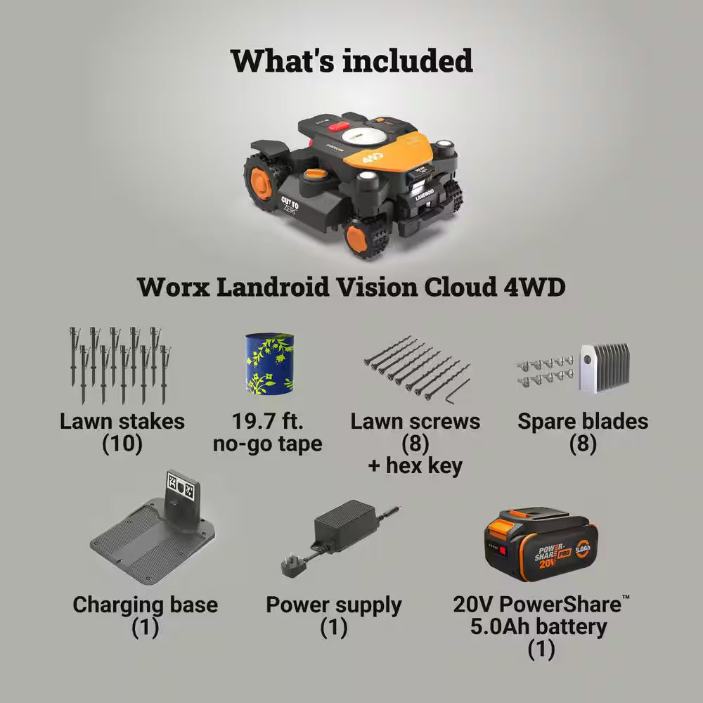 Landroid Vision Cloud 9 In. 4WD Robot Lawn Mower (1 Acre) RTK GPS plus VSLAM Vision AI with Cut to Edge Trimmer