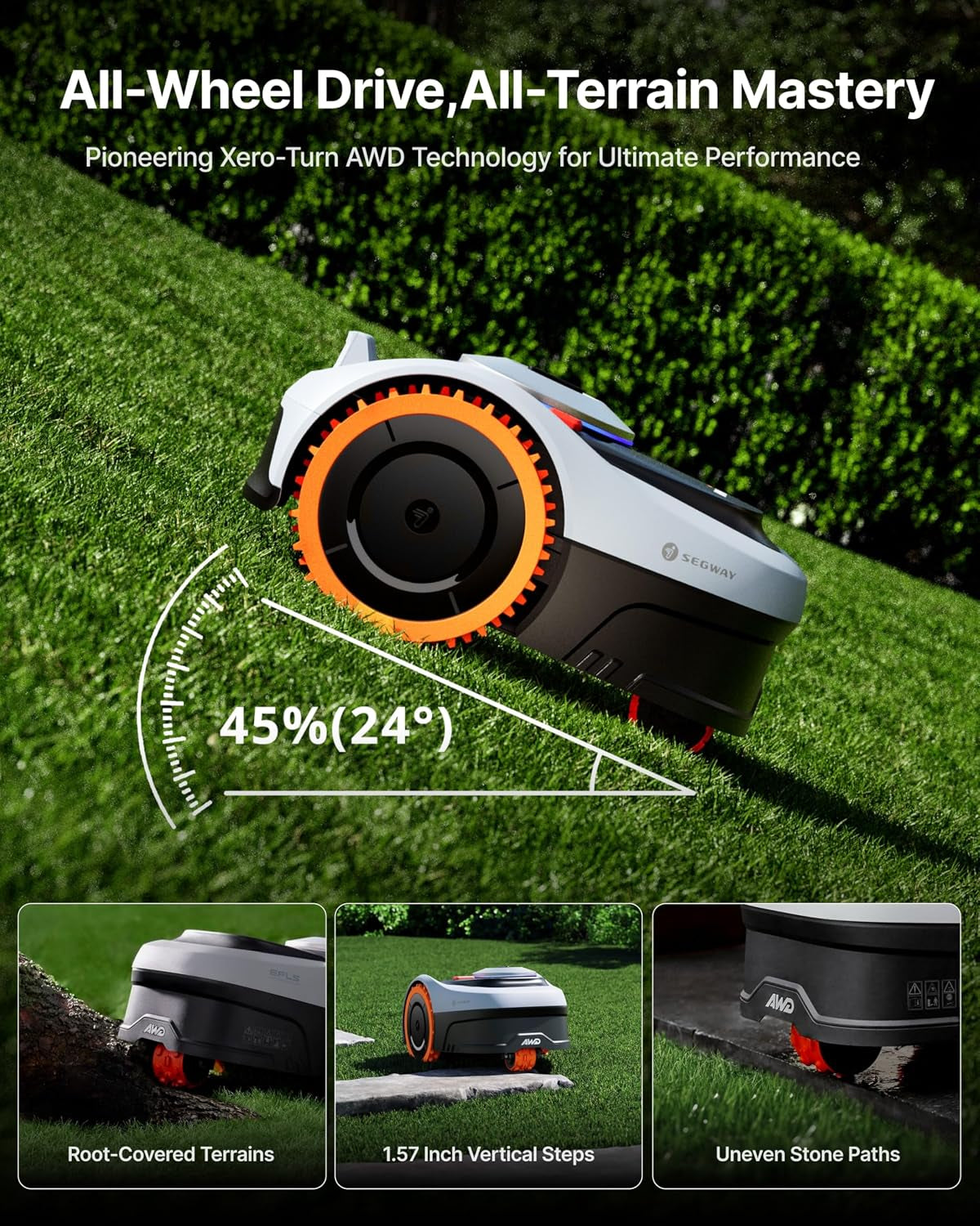 Segway  I210 AWD Robot Lawn Mower Wire Free, 0.25 Acre, 45% Slopes