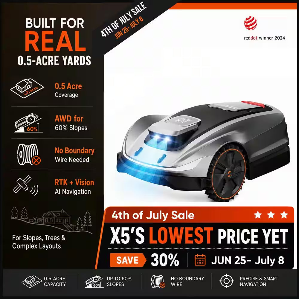 X5 AWD Wireless 8 In. Robot Lawn Mower for 0.5 Acre, No Boundary Wire, RTK plus Vision, AI Obstacle Avoidance