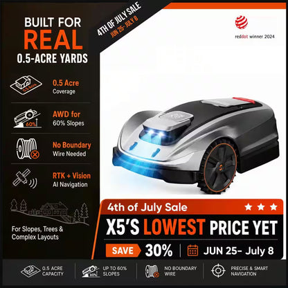 X5 AWD Wireless 8 In. Robot Lawn Mower for 0.5 Acre, No Boundary Wire, RTK plus Vision, AI Obstacle Avoidance