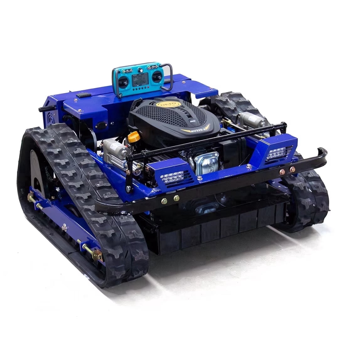 YF550 Remote Control Tracked Lawn Mower, 24V, 9HP 225Cc Gas Engine, 22 Inch Cutting Width, 45 Degree Slope Capability, Blue