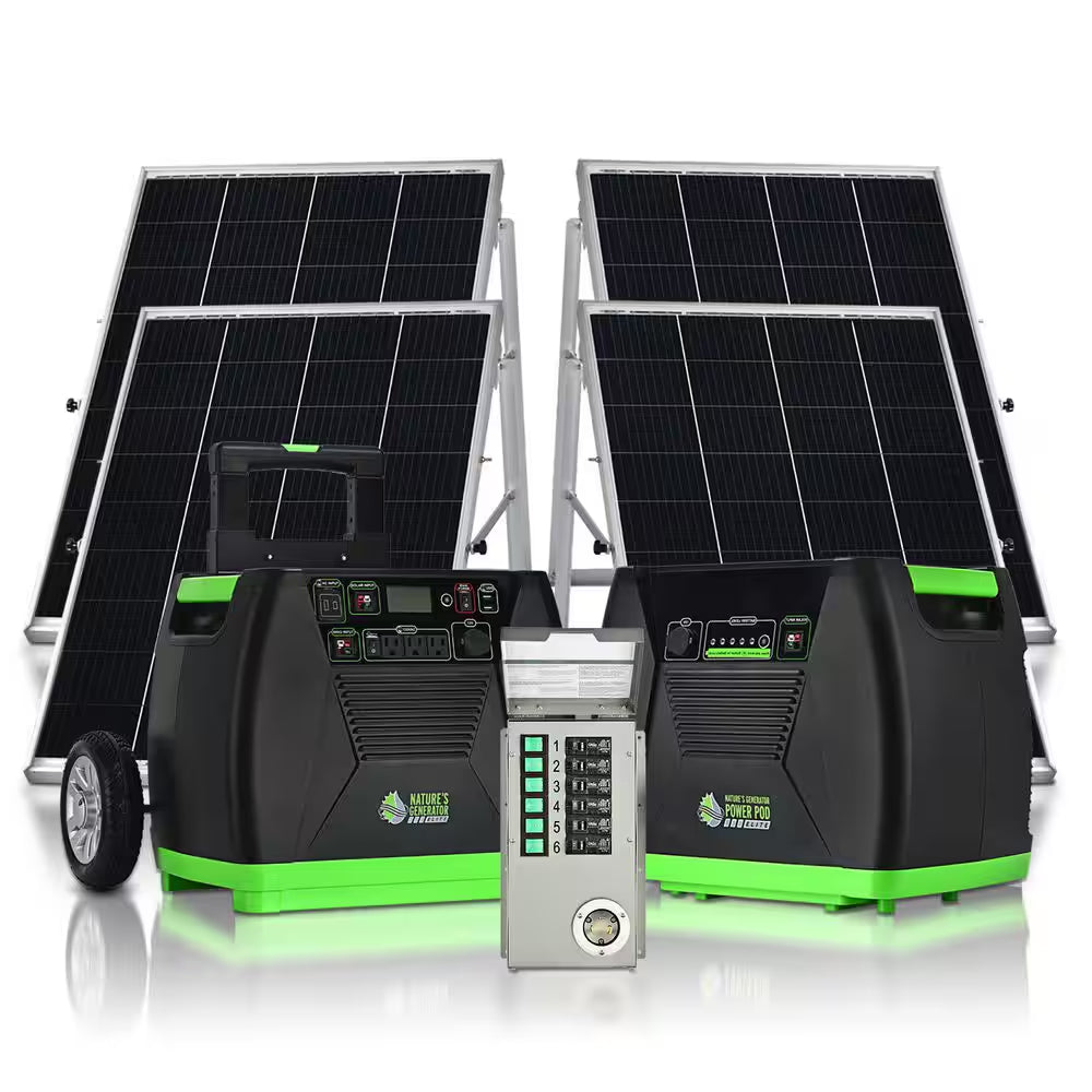 ELITE 3600-Watt/5760W Peak Push Button Start Solar Powered Portable Generator W/ Power Pod, Transfer Kit, 4 Solar Panels