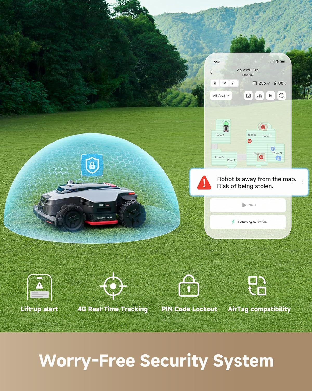 Lidar 2500 Robot Lawn Mower A3 AWD Pro Wire Free No RTK, 4WD for 38.7° Slopes, Dual AI Vision Robotic Lawn Mowers,Dual-Disc Cutting 15.8" Width, Smart Zero-Edge, App Control for 0.62 Acre