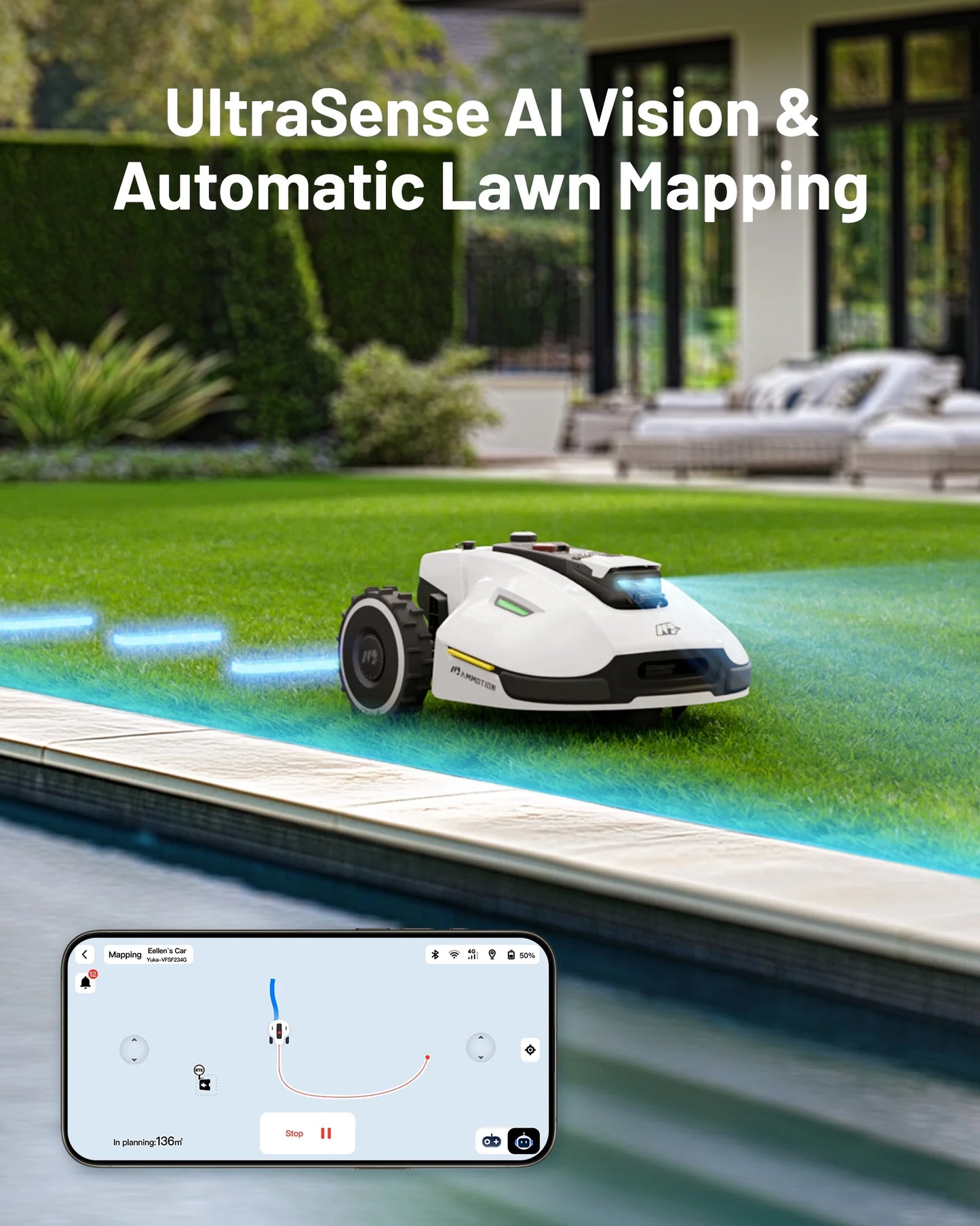 YUKA 3000 Robot Lawn Mower, Auto Mapping, AI Obstacle Avoidance, Reception 0.75 Acre, Max 1 Acre, Dual Cutting Discs, APP Control, with 4G