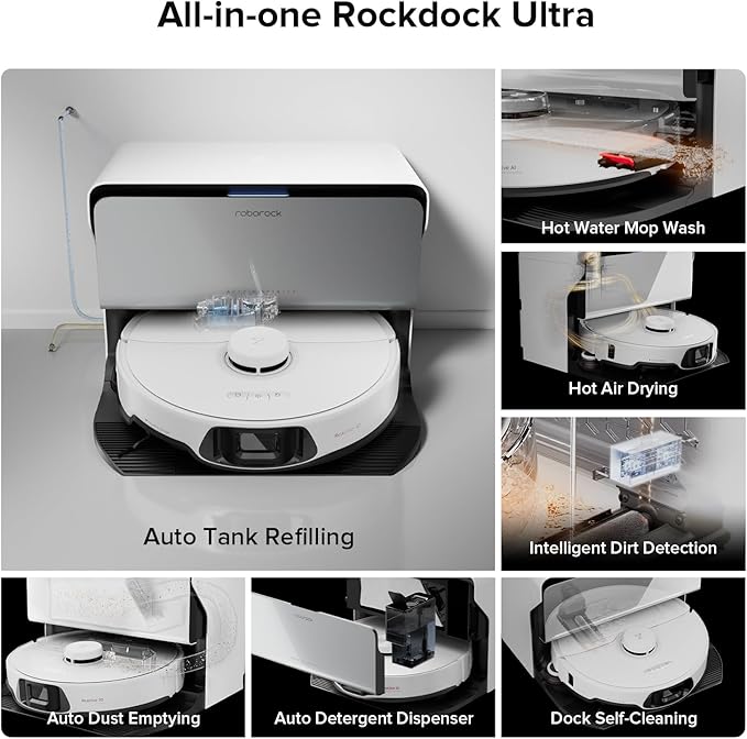 roborock S8 Max Ultra with Auto Water Refilling and Drainage System Robot Vacuum and Mop, FlexiArm Design, Smart Dirt Detection, Self-Emptying, 8000Pa Suction for Various Floors, Pet Hair, White