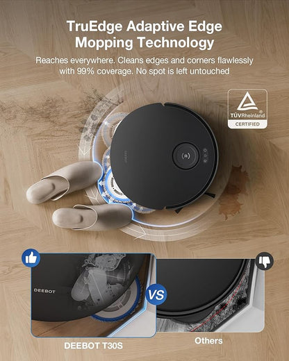 ECOVACS DEEBOT T30S PRO Robot Vacuum and Mop, 11000Pa, TruEdge Adaptive Edge Mopping, ZeroTangle Technology, AI Instant Re-mop, Self-Emptying & Refilling, AI Obstacle Avoidance
