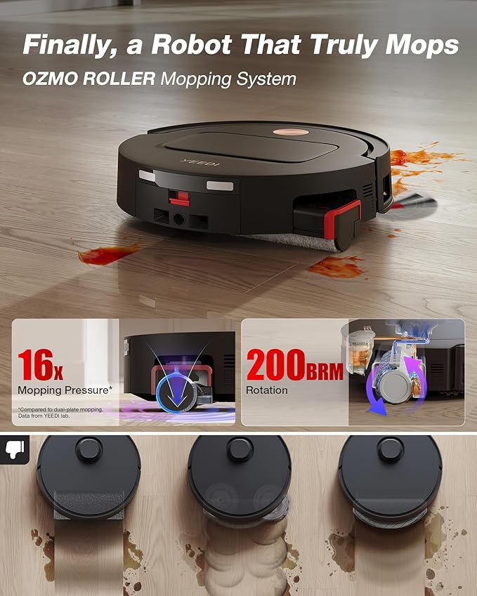 Yeedi M14 Plus Robot Vacuum and Mop, 18,000Pa Suction, OZMO Roller Instant Self-Washing Mopping, 167℉ Smart Dynamic Hot Wash & Auto-Dry, ZeroTangle 3.0 Anti-Hair Brush, All-in-One Omni Station, Black
