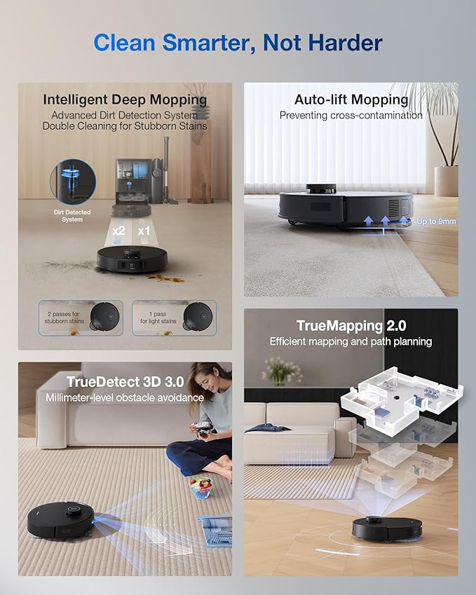ECOVACS DEEBOT T30S Combo Complete Robot Vacuum and Mop, 11000Pa, ZeroTangle Technology, TruEdge Adaptive Edge Mopping, Hot Water Mop Washing, Self-Emptying, Self Refilling, Auto-Mop Lifting