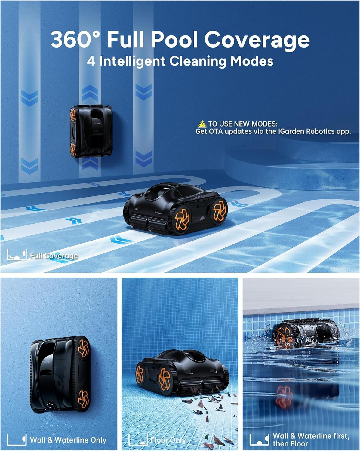 4-In-1 Robotic Pool Cleaner, 3.6H Cordless Pool Vacuum for Inground & above Ground Pools, Touchscreen & APP Control, Smart Navigation & Self-Parking, Cleaning Floor, Wall & Waterline, Black