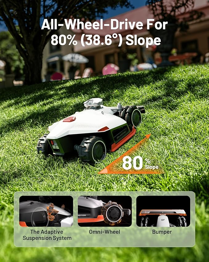 LUBA 2 AWD 3000HX Robot Lawn Mower with 4G, All-Wheel-Drive for 80% Slope, Perimeter Wire Free for 0.75 Acre, UltraSense AI Vision & RTK Auto-Mapping, 2.2"-4.0" Adjustable Cutting Height