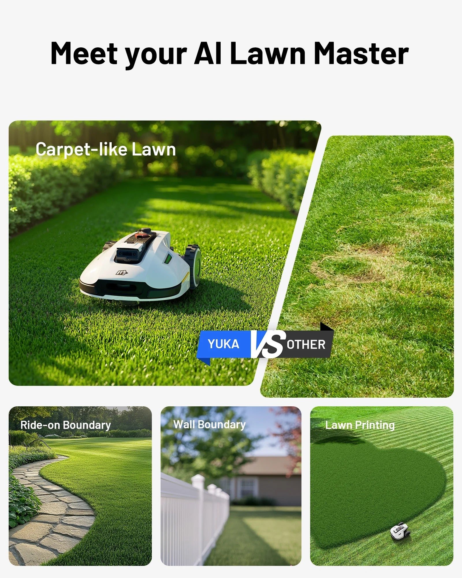 YUKA 3000 Robot Lawn Mower, Auto Mapping, AI Obstacle Avoidance, Reception 0.75 Acre, Max 1 Acre, Dual Cutting Discs, APP Control, with 4G