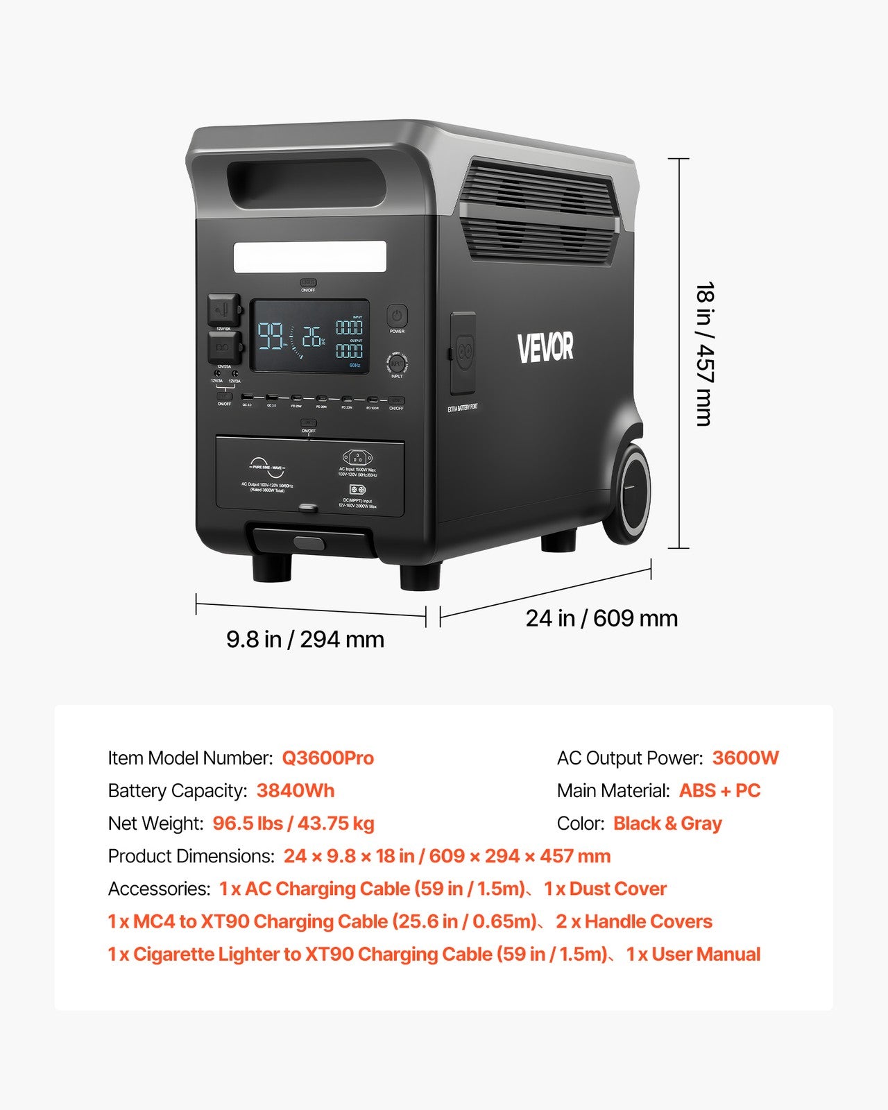 VEVOR Portable Power Station Solar Generator 3600W 3840Wh with 10 Output Ports