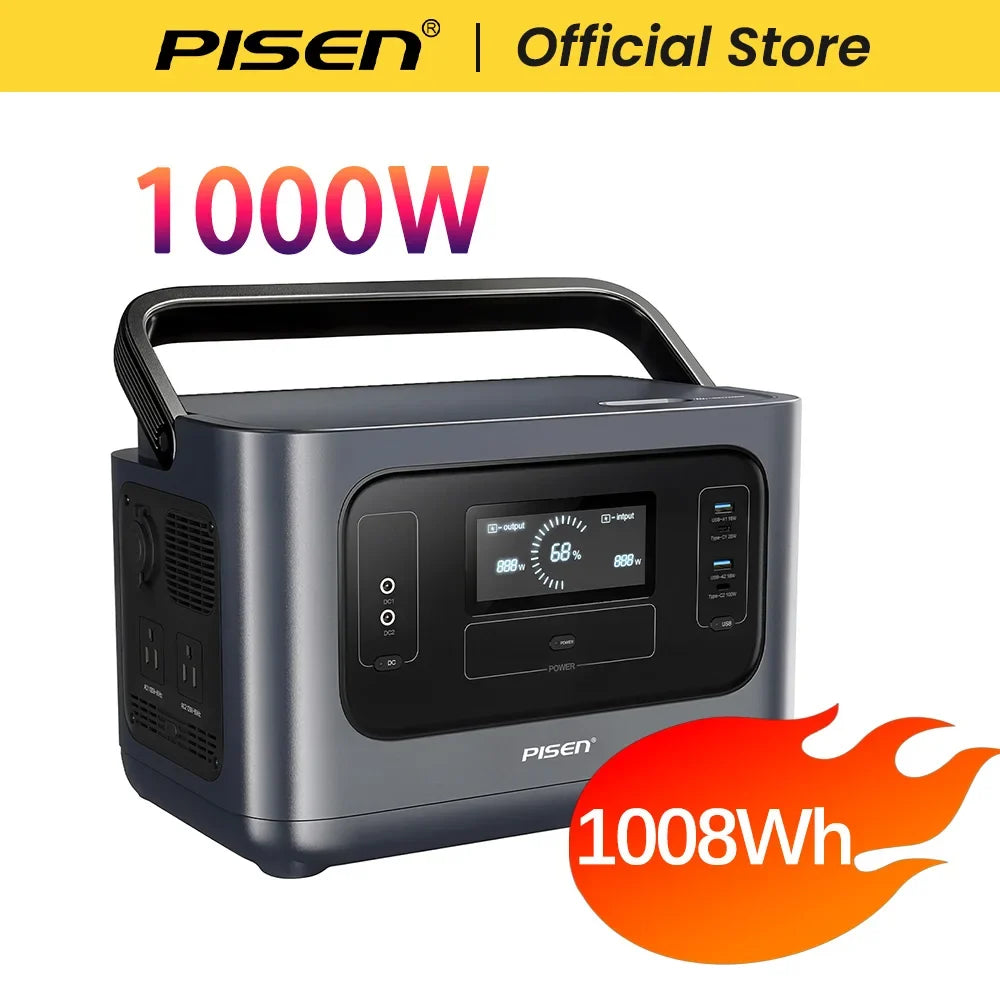 PISEN 1000W (2000W Peak) Solar Generator 1008Wh LiFePO4 Battery Portable Power Station, Quiet UPS for Home Backup, Hurricane Emergency, Outdoor Camping & RV