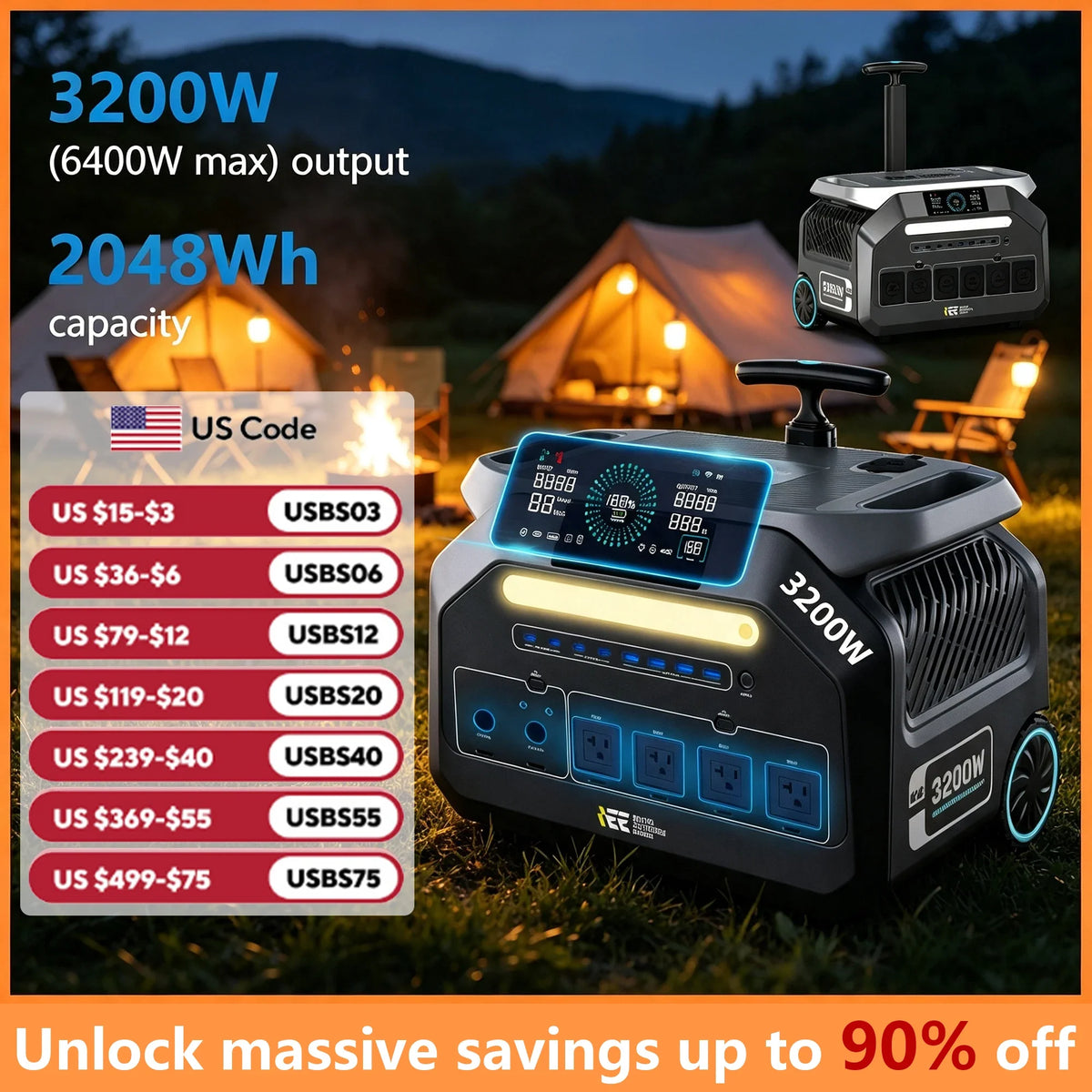 IEE P3200 Portable Power Station, 2048Wh LiFePO4 Solar Generator 3200W, Fast Charge for Home Backup Camping RV Emergency