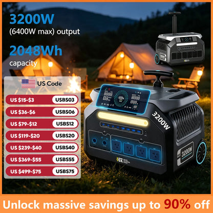 IEE P3200 Portable Power Station, 2048Wh LiFePO4 Solar Generator 3200W, Fast Charge for Home Backup Camping RV Emergency