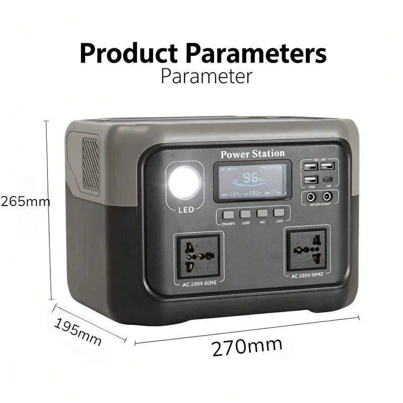 800W 46Ah Portable Power Station 600W/800W 589WH Solar Generator Backup PowerBank for Outdoor Camping, Home Emergency, RV Travel