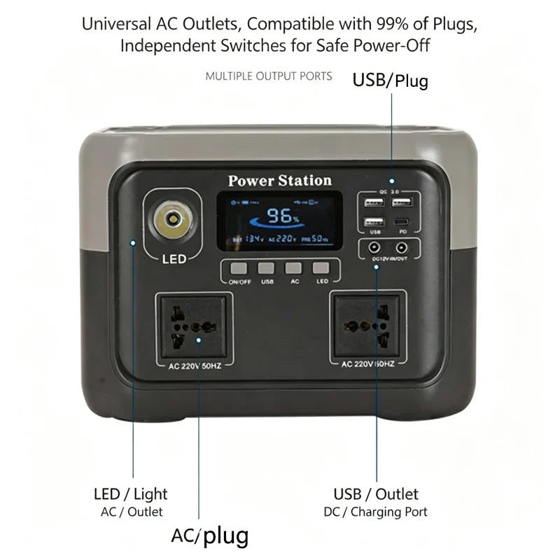 800W 46Ah Portable Power Station 600W/800W 589WH Solar Generator Backup PowerBank for Outdoor Camping, Home Emergency, RV Travel