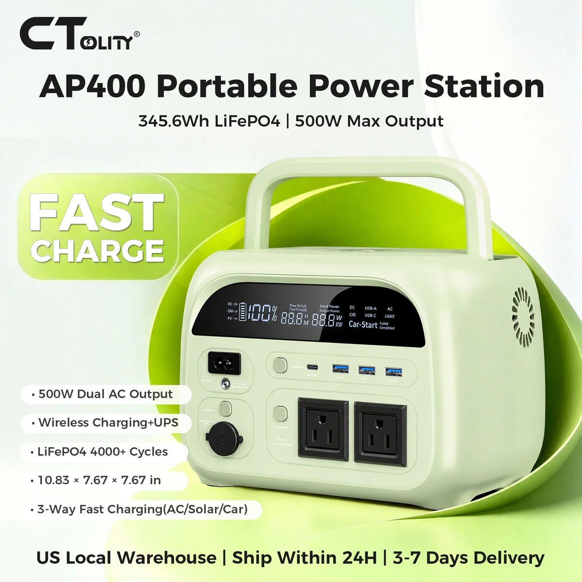 CTOLITY AP400 345.6Wh Portable Power Station 500W Power bank, LiFePO4 Solar Generator with 150W Solar Input, UPS Backup Battery, Wireless Charging, AC/DC/USB Output for Camping Home Emergency