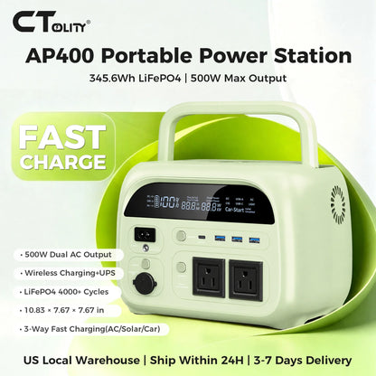CTOLITY AP400 345.6Wh Portable Power Station 500W Power bank, LiFePO4 Solar Generator with 150W Solar Input, UPS Backup Battery, Wireless Charging, AC/DC/USB Output for Camping Home Emergency