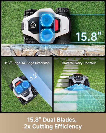 Lidar 2500 Robot Lawn Mower A3 AWD Pro Wire Free No RTK, 4WD for 38.7° Slopes, Dual AI Vision Robotic Lawn Mowers,Dual-Disc Cutting 15.8" Width, Smart Zero-Edge, App Control for 0.62 Acre