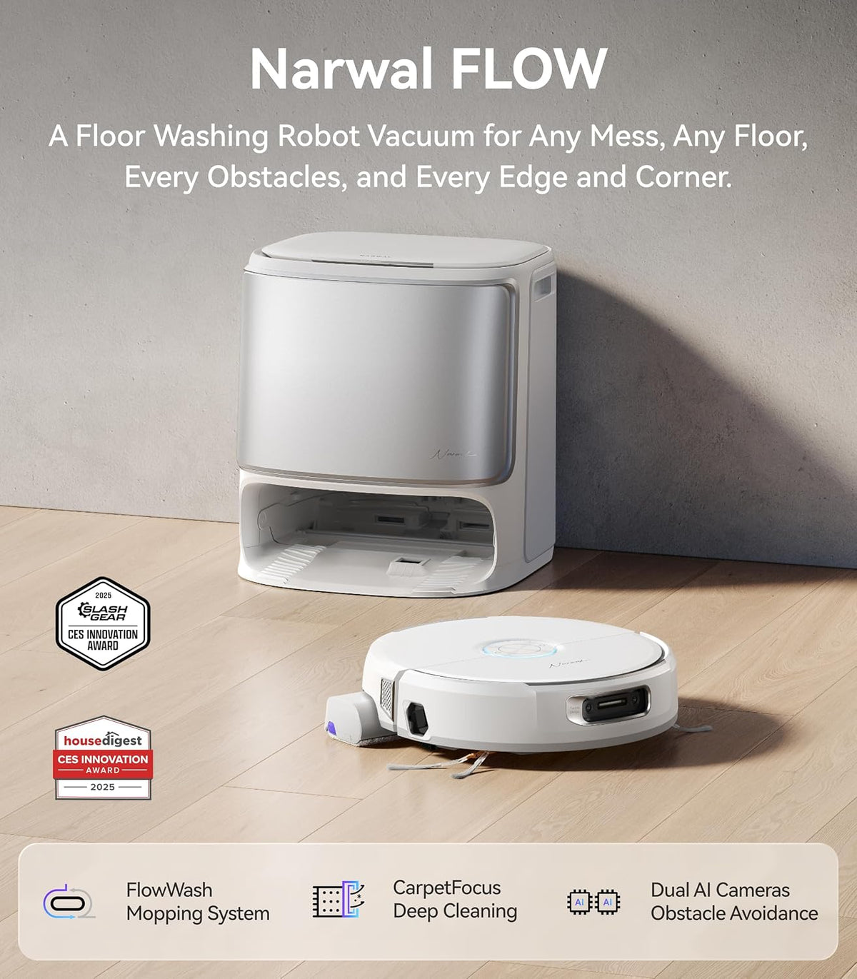 NARWAL Flow Robot Vacuum and Mop Combo, 22000Pa, AI Avoidance, White