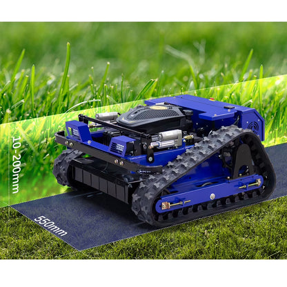 YF550 Remote Control Tracked Lawn Mower, 24V, 9HP 225Cc Gas Engine, 22 Inch Cutting Width, 45 Degree Slope Capability, Blue