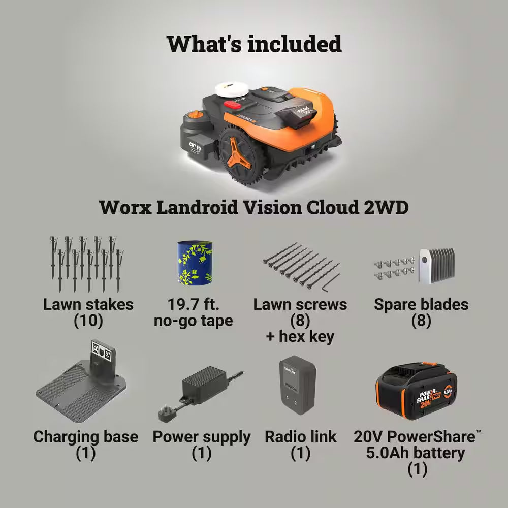 Landroid Vision Cloud 9 In. 2WD Robot Lawn Mower (1 Acre) RTK GPS plus VSLAM Vision AI with Cut to Edge Trimmer