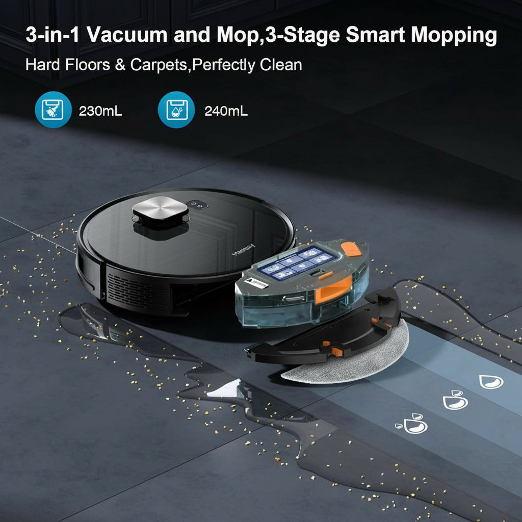 Robot Vacuum and Mop, 11500 Pa Suction, 3-In-1 Robotic Vacuum with Smart Lidar Navigation, 90 Day Self-Emptying,160 Min Runtime,App/Alexa/Voice Control, Ideal for Pet Hair, Carpet & Hard Floor