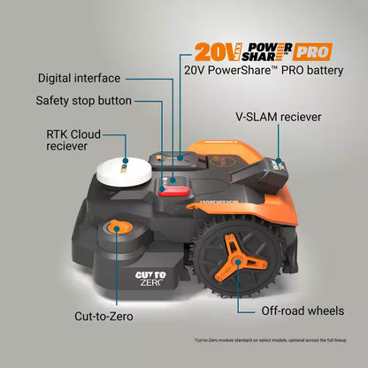 Landroid Vision Cloud 9 In. 2WD Robot Lawn Mower (1/4 Acre) RTK GPS plus VSLAM Vision AI with Cut to Edge Trimmer
