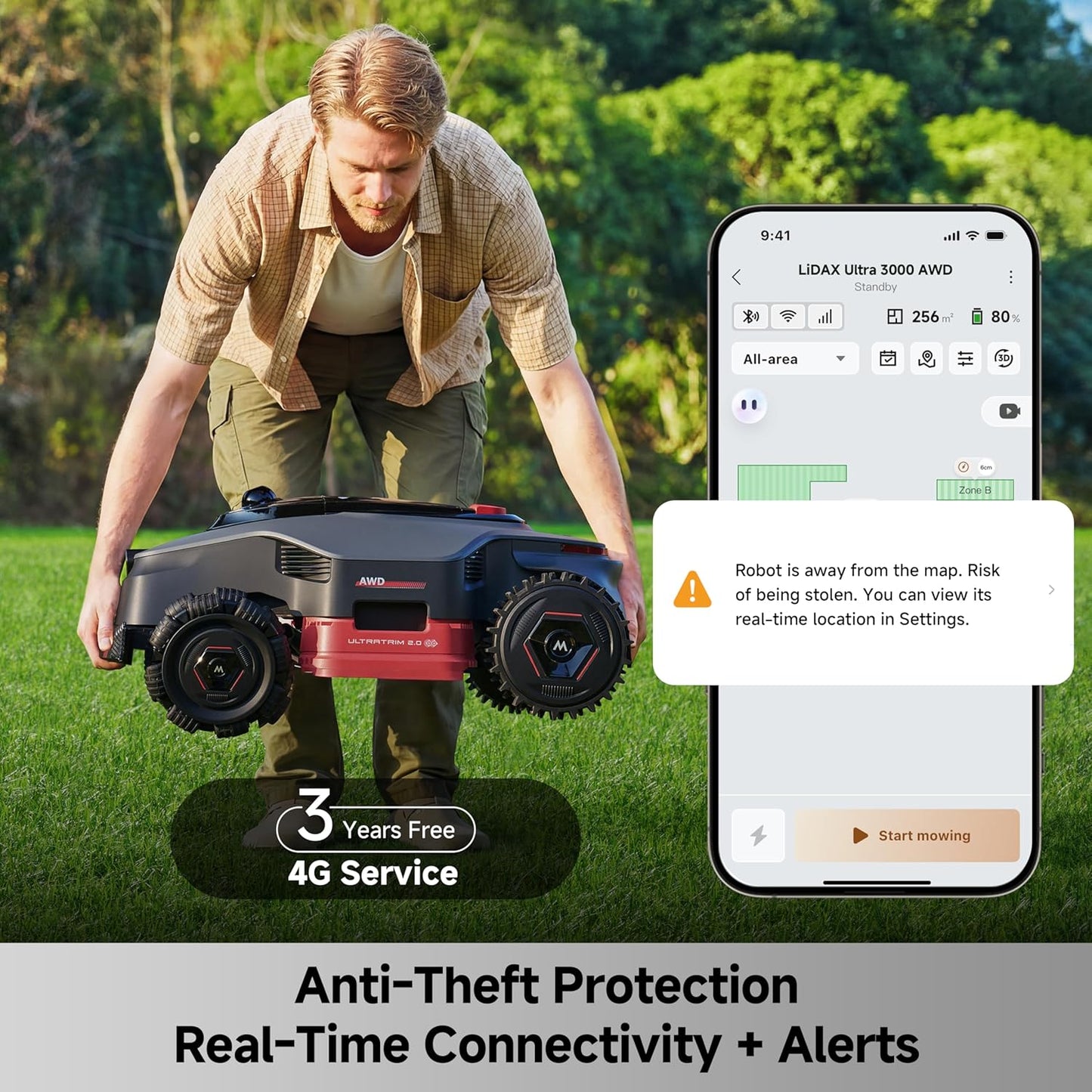Lidax Ultra 3000 AWD Robot Lawn Mower Wire Free RTK Free for up to 0.75 Acre*Dual Maps, 360° 3D Lidar & AI Dual Vision Mapping, Robotic Mower with 4G, for 80% Slopes, Cutting Height 1.2”–3.9“