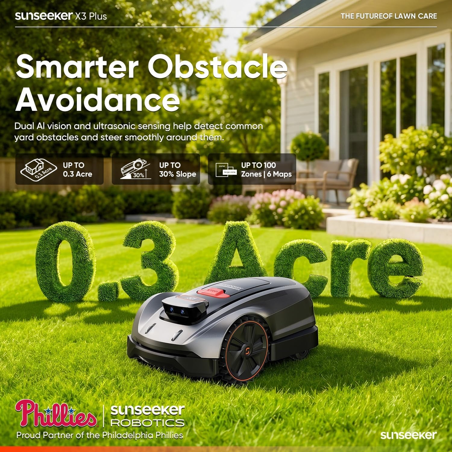 X3 plus Robot Lawn Mower, Wire-Free Robotic Mower for 0.3 Acre, RTK + Vision AI Navigation, Vision AI Obstacle Avoidance, Ride-On-Edge Cutting, App Control.Multi-Zone Management