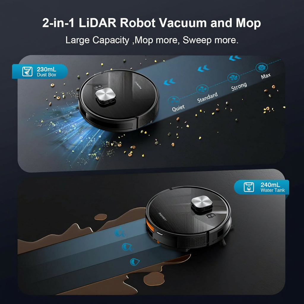 Robot Vacuum and Mop, 11500 Pa Suction, 3-In-1 Robotic Vacuum with Smart Lidar Navigation, 90 Day Self-Emptying,160 Min Runtime,App/Alexa/Voice Control, Ideal for Pet Hair, Carpet & Hard Floor
